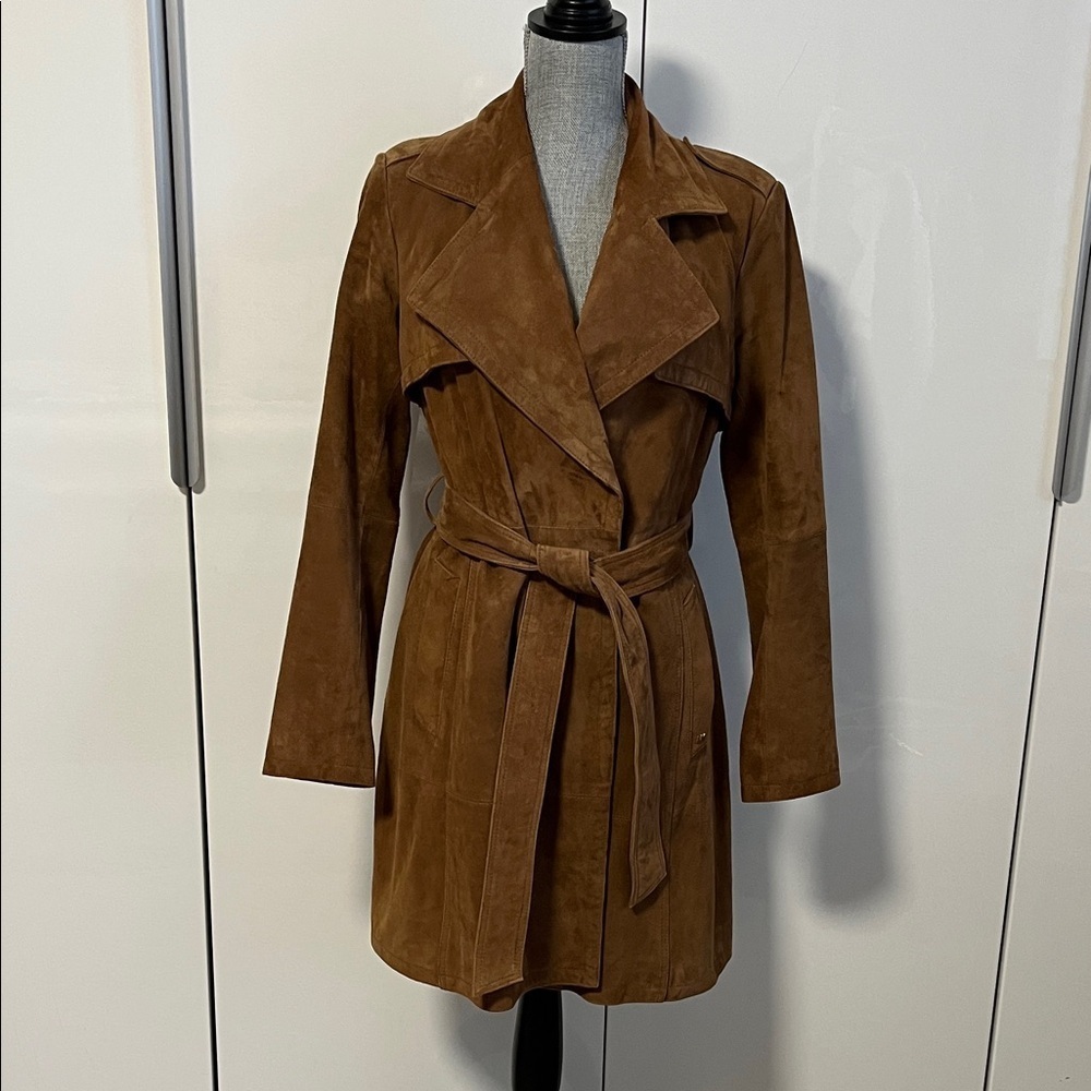 NWOT MICHAEL KORS Tan Brown Suede Trench Coat Belted Fully Lined, Size M